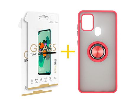 Pack 2 Películas 2.5D + Funda SKYHE por Samsung Galaxy A21s Gel Bumper con Anillo Rojo