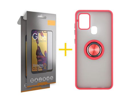 Pack 2 Películas Full + Funda SKYHE por Samsung Galaxy A21s Gel Bumper con Anillo Rojo