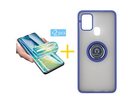 Pack 2 X Protector de Vidrio Templado Hidrogel + Funda ACCETEL para Samsung Galaxy A21s Gel Bumper con Anillo Azul