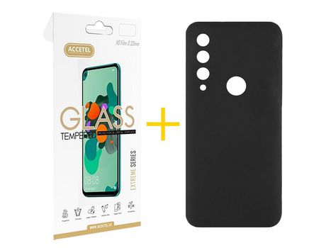 Pack 1 X Protector de Vidrio Templado 2.5D + Funda ACCETEL para Huawei Y6P Silicona Líquida Negro