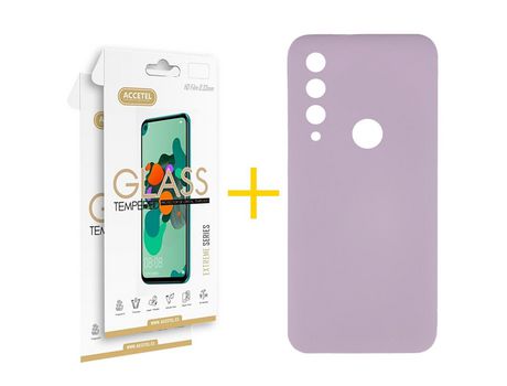 Pack 2 X Protector de Vidrio Templado 2.5D + Funda ACCETEL para Huawei Y6P Silicona Líquida Morado