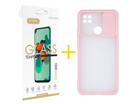 Pack 1 X Protector de Vidrio Templado 2.5D + Funda ACCETEL para Xiaomi Redmi 9C NFC Gel Protección Cámara Rosa