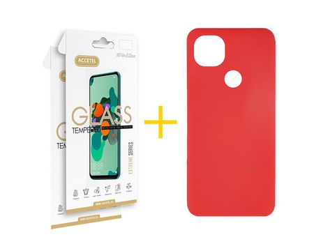 Pack 2 X Protector de Vidrio Templado 2.5D + Funda ACCETEL para Xiaomi Redmi 9C NFC Silicona Líquida Rojo