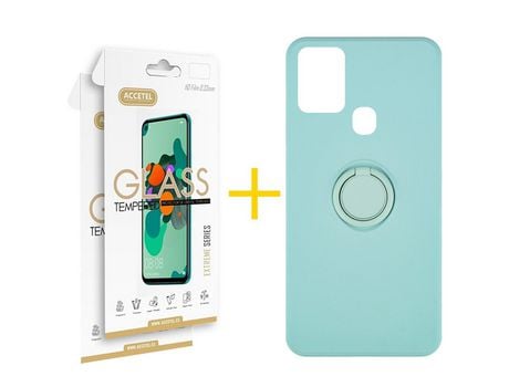 Pack 2 X Protector de Vidrio Templado 2.5D + Funda ACCETEL para Samsung Galaxy A21s Gel O-Ring Verde-Agua