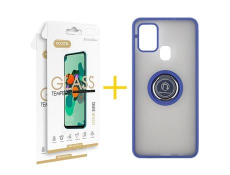 Pack 2 X Protector de Vidrio Templado 2.5D + Funda ACCETEL para Samsung Galaxy A21s Gel Bumper con Anillo Azul