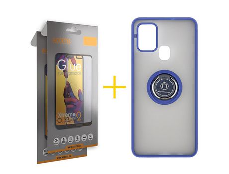 Pack 2 X Protector de Vidrio Templado Full + Funda ACCETEL para Samsung Galaxy A21s Gel Bumper con Anillo Azul