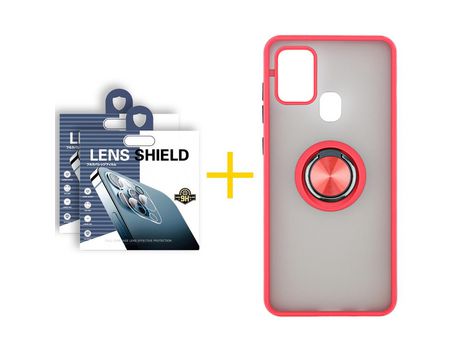 Pack 2 Películas de Cámara trasera + Funda SKYHE por Samsung Galaxy A21s Gel Bumper con Anillo Rojo
