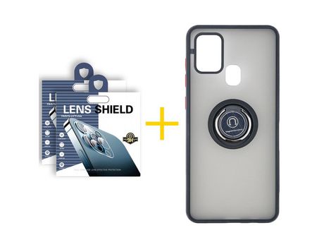 Pack 2 Películas de Cámara trasera + Funda SKYHE por Samsung Galaxy A21s Gel Bumper con Anillo Negro
