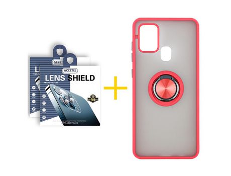Pack 2 X Protector de Cámara trasera + Funda ACCETEL para Samsung Galaxy A21s Gel Bumper con Anillo Rojo