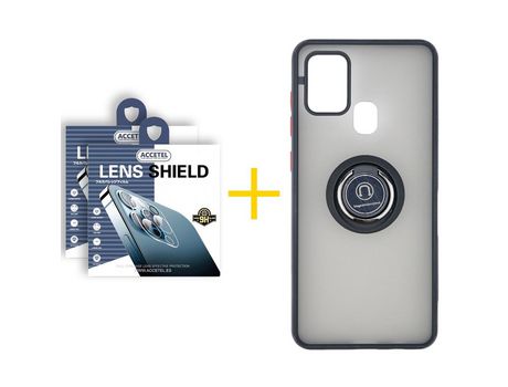 Pack 2 X Protector de Cámara trasera + Funda ACCETEL para Samsung Galaxy A21s Gel Bumper con Anillo Negro