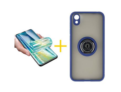 Pack 1 Película + Funda SKYHE por Huawei Y5 2019 Gel Bumper con Anillo Azul