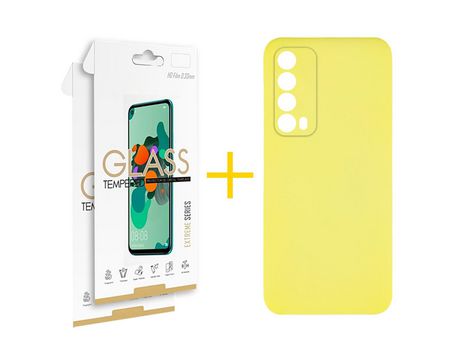 Pack 2 Películas 2.5D + Funda SKYHE por Huawei P Smart 2021 Silicona Líquida Amarillo