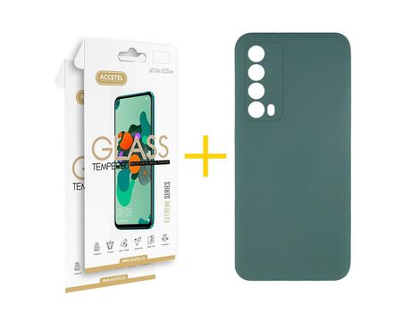 Pack 2 X Protector de Vidrio Templado 2.5D + Funda ACCETEL para Huawei P Smart 2021 Silicona Líquida Verde