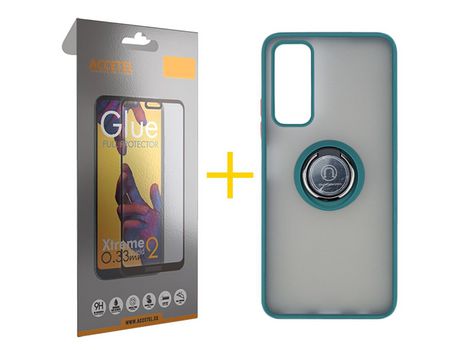 Pack 1 X Protector de Vidrio Templado Full + Funda ACCETEL para Huawei P Smart 2021 Gel Bumper con Anillo Verde