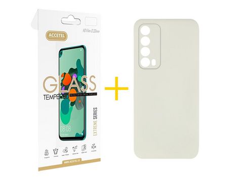 Pack 1 X Protector de Vidrio Templado 2.5D + Funda ACCETEL para Huawei P Smart 2021 Silicona Líquida Arena