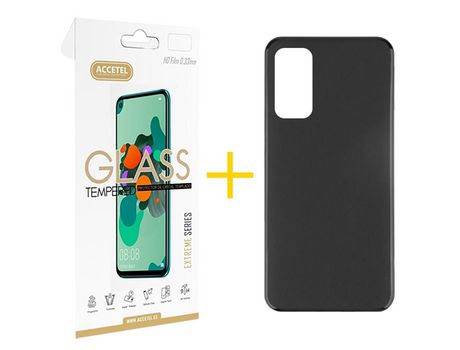 Pack 1 X Protector de Vidrio Templado Anti espía + Funda ACCETEL para Huawei P Smart 2021 Silicona Liso Negro