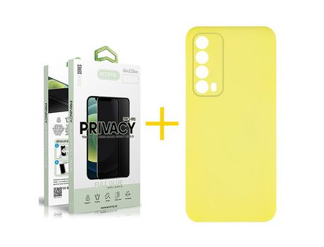 Pack 1 X Protector de Vidrio Templado Anti espía + Funda ACCETEL para Huawei P Smart 2021 Silicona Líquida Amarillo