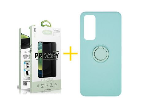 Pack 1 X Protector de Vidrio Templado Anti espía + Funda ACCETEL para Huawei P Smart 2021 Gel O-Ring Verde-Agua
