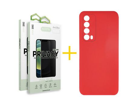 Pack 2 X Protector de Vidrio Templado Anti espía + Funda ACCETEL para Huawei P Smart 2021 Silicona Líquida Rojo