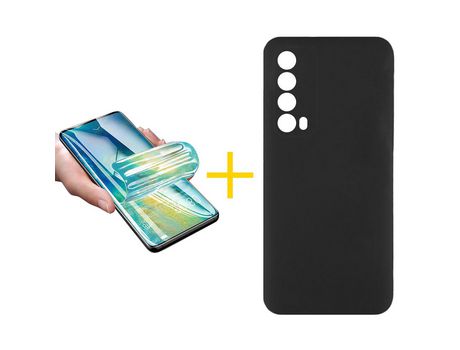 Pack 1 X Protector de Vidrio Templado Hidrogel + Funda ACCETEL para Huawei P Smart 2021 Silicona Líquida Negro