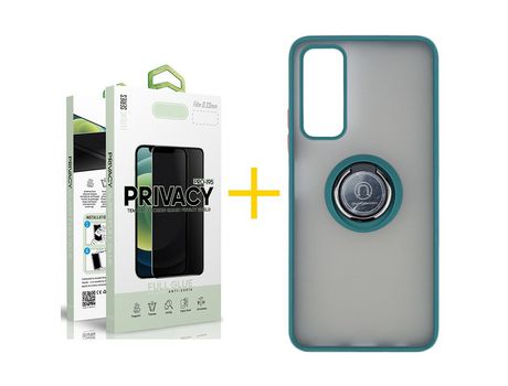 Pack 1 Película Antiespia + Funda SKYHE por Huawei P Smart 2021 Gel Bumper con Anillo Verde