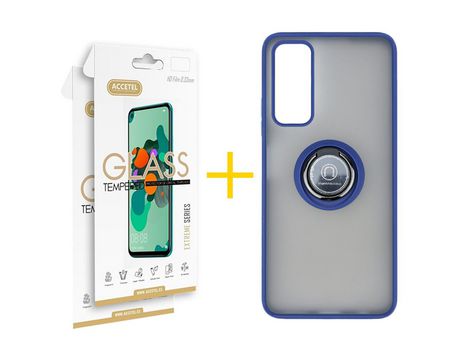 Pack 2 X Protector de Vidrio Templado 2.5D + Funda ACCETEL para Huawei P Smart 2021 Gel Bumper con Anillo Azul