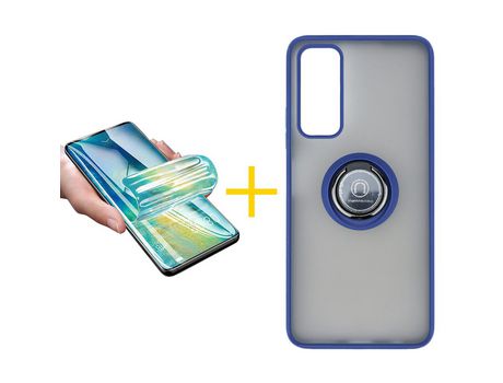 Pack 1 X Protector de Vidrio Templado Hidrogel + Funda ACCETEL para Huawei P Smart 2021 Gel Bumper con Anillo Azul