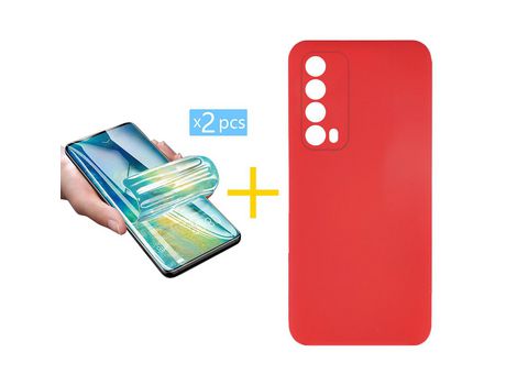 Pack 2 X Protector de Vidrio Templado Hidrogel + Funda ACCETEL para Huawei P Smart 2021 Silicona Líquida Rojo
