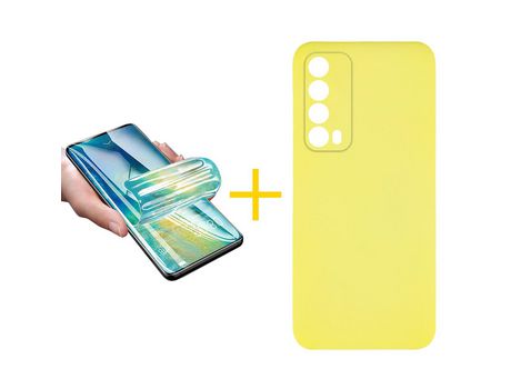 Pack 1 X Protector de Vidrio Templado Hidrogel + Funda ACCETEL para Huawei P Smart 2021 Silicona Líquida Amarillo