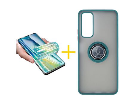 Pack 1 Película + Funda SKYHE por Huawei P Smart 2021 Gel Bumper con Anillo Verde
