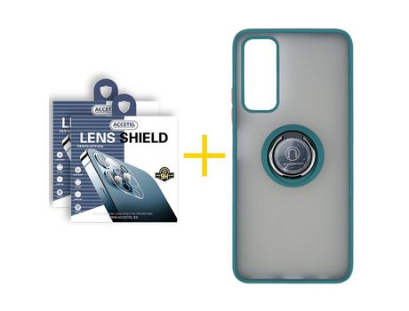 Pack 2 X Protector de Cámara trasera + Funda ACCETEL para Huawei P Smart 2021 Gel Bumper con Anillo Verde