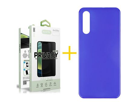 Pack 1 X Protector de Vidrio Templado Anti espía + Funda ACCETEL para Samsung Galaxy A70 Silicona Liso Azul