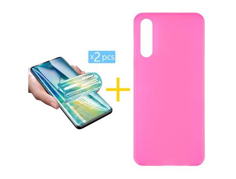 Pack 2 X Protector de Vidrio Templado Hidrogel + Funda ACCETEL para Samsung Galaxy A70s Silicona Liso Rosa