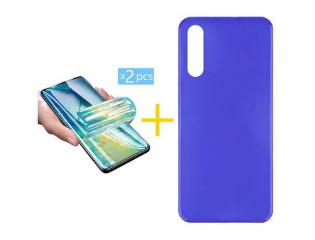 Pack 2 X Protector de Vidrio Templado Hidrogel + Funda ACCETEL para Samsung Galaxy A70s Silicona Liso Azul