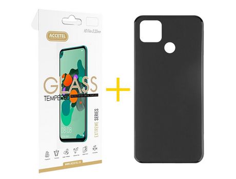 Pack 1 X Protector de Vidrio Templado 2.5D + Funda ACCETEL para Xiaomi Redmi 9C NFC Silicona Liso Negro