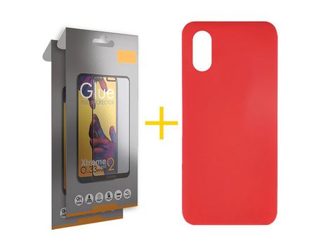 Pack 2 Películas Full + Funda SKYHE por Huawei Y5 2019 Silicona Líquida Rojo
