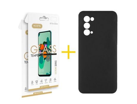 Pack 2 X Protector de Vidrio Templado 2.5D + Funda ACCETEL para Oppo A74 5G Silicona Líquida Negro