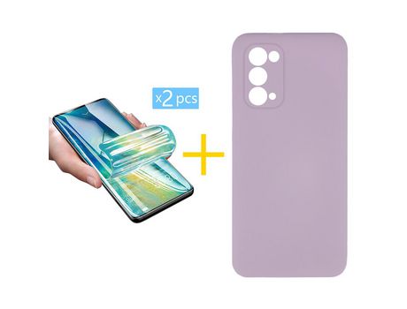 Pack 2 X Protector de Vidrio Templado Hidrogel + Funda ACCETEL para Oppo A54 5G Silicona Líquida Morado