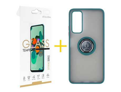 Pack 1 Película 2.5D + Funda SKYHE por Huawei P Smart 2021 Gel Bumper con Anillo Verde