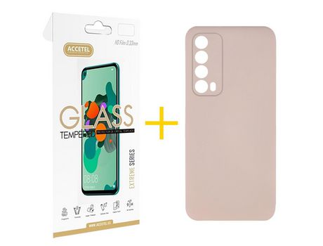 Pack 1 X Protector de Vidrio Templado 2.5D + Funda ACCETEL para Huawei P Smart 2021 Silicona Líquida Rosa