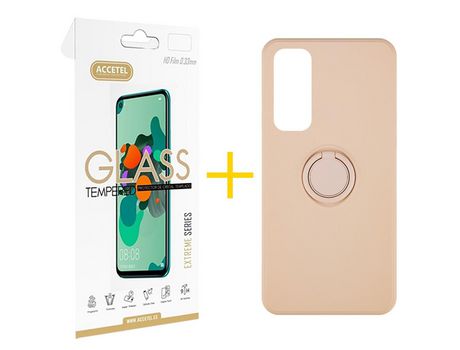 Pack 1 X Protector de Vidrio Templado 2.5D + Funda ACCETEL para Huawei P Smart 2021 Gel O-Ring Rosa Pastel