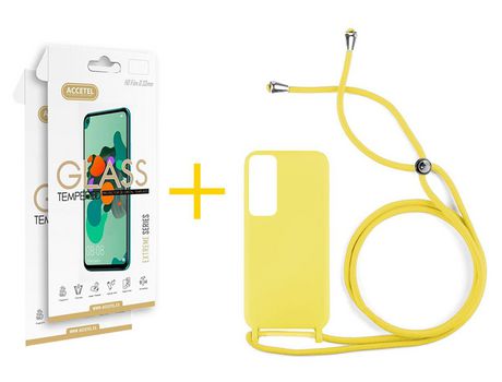Pack 2 X Protector de Vidrio Templado 2.5D + Funda ACCETEL para Huawei P Smart 2021 Gel con Cordón Amarillo
