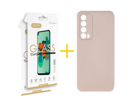 Pack 2 X Protector de Vidrio Templado 2.5D + Funda ACCETEL para Huawei P Smart 2021 Silicona Líquida Rosa