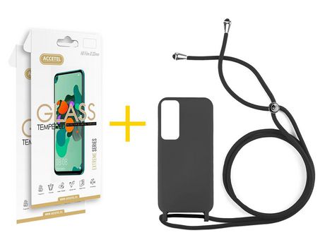 Pack 2 X Protector de Vidrio Templado 2.5D + Funda ACCETEL para Huawei P Smart 2021 Gel con Cordón Negro