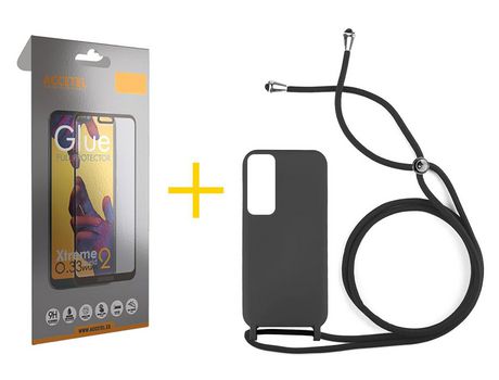 Pack 1 X Protector de Vidrio Templado Full + Funda ACCETEL para Huawei P Smart 2021 Gel con Cordón Negro