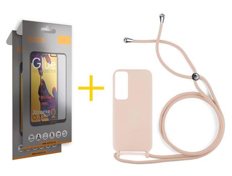 Pack 2 X Protector de Vidrio Templado Full + Funda ACCETEL para Huawei P Smart 2021 Gel con Cordón Rosa Pastel