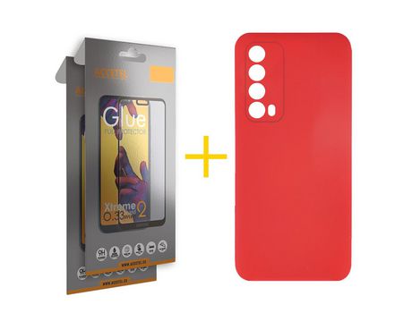 Pack 2 X Protector de Vidrio Templado Full + Funda ACCETEL para Huawei P Smart 2021 Silicona Líquida Rojo