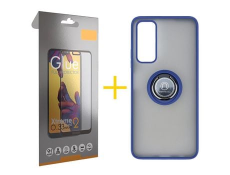 Pack 1 Película Full + Funda SKYHE por Huawei P Smart 2021 Gel Bumper con Anillo Azul