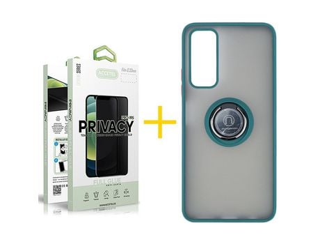 Pack 1 X Protector de Vidrio Templado Anti espía + Funda ACCETEL para Huawei P Smart 2021 Gel Bumper con Anillo Verde