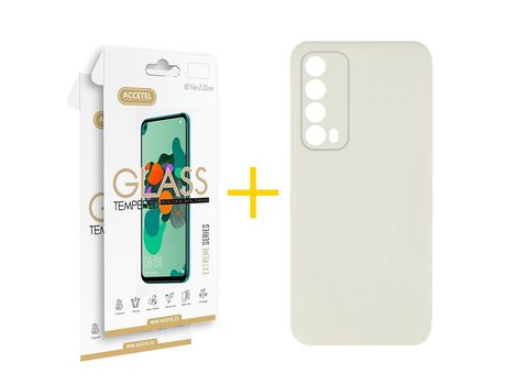 Pack 2 X Protector de Vidrio Templado 2.5D + Funda ACCETEL para Huawei P Smart 2021 Silicona Líquida Arena